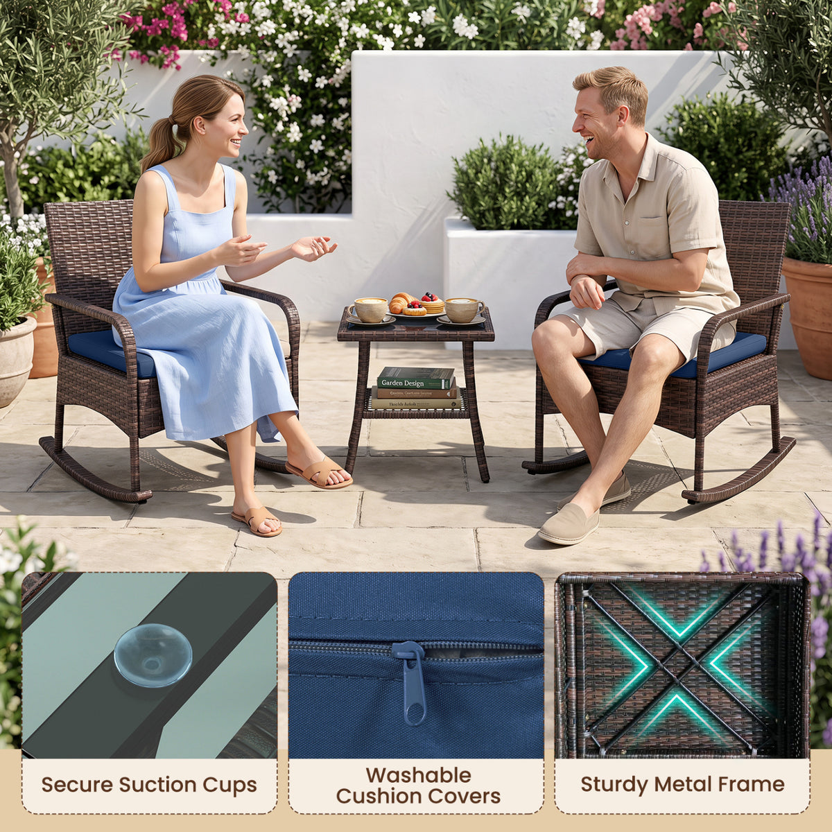 3 Pieces PE Wicker Rocking Bistro Set with 2-Tier Side Table Cushions
