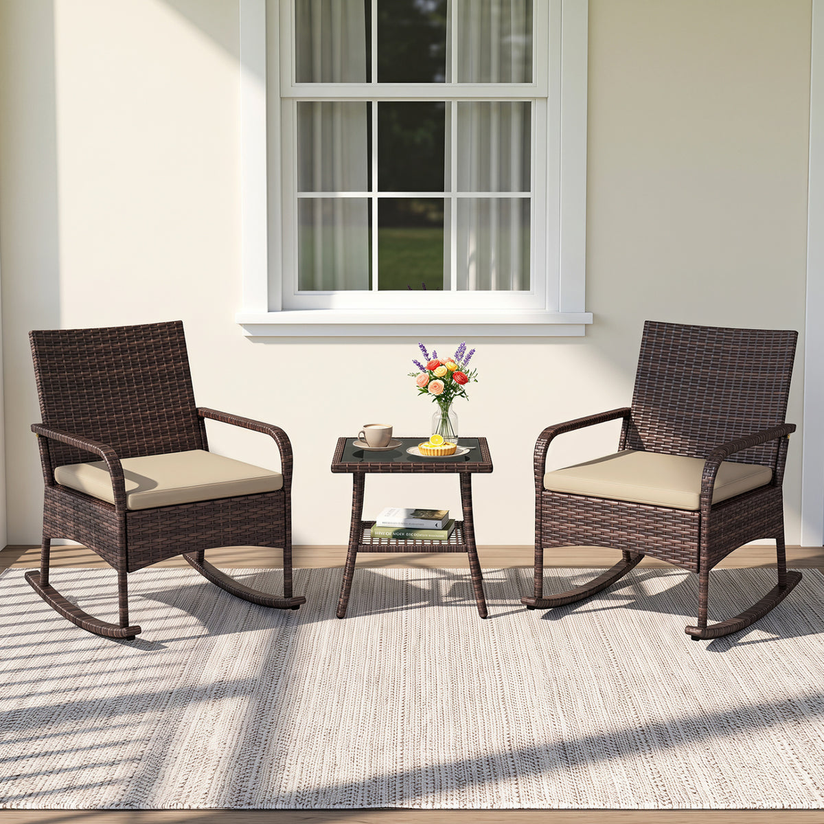 3 Pieces PE Wicker Rocking Bistro Set with 2-Tier Side Table Cushions