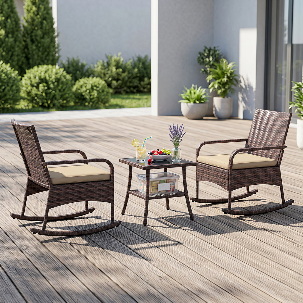 3 Pieces PE Wicker Rocking Bistro Set with 2-Tier Side Table Cushions