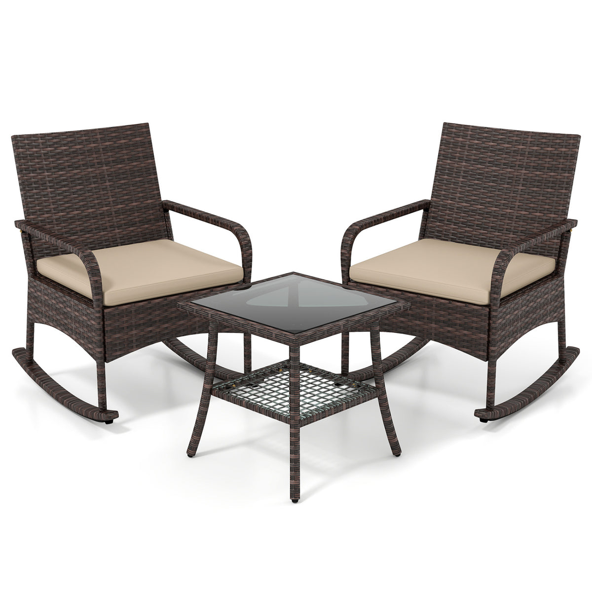 3 Pieces PE Wicker Rocking Bistro Set with 2-Tier Side Table Cushions