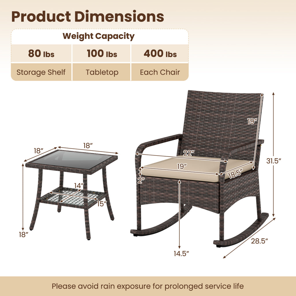 3 Pieces PE Wicker Rocking Bistro Set with 2-Tier Side Table Cushions