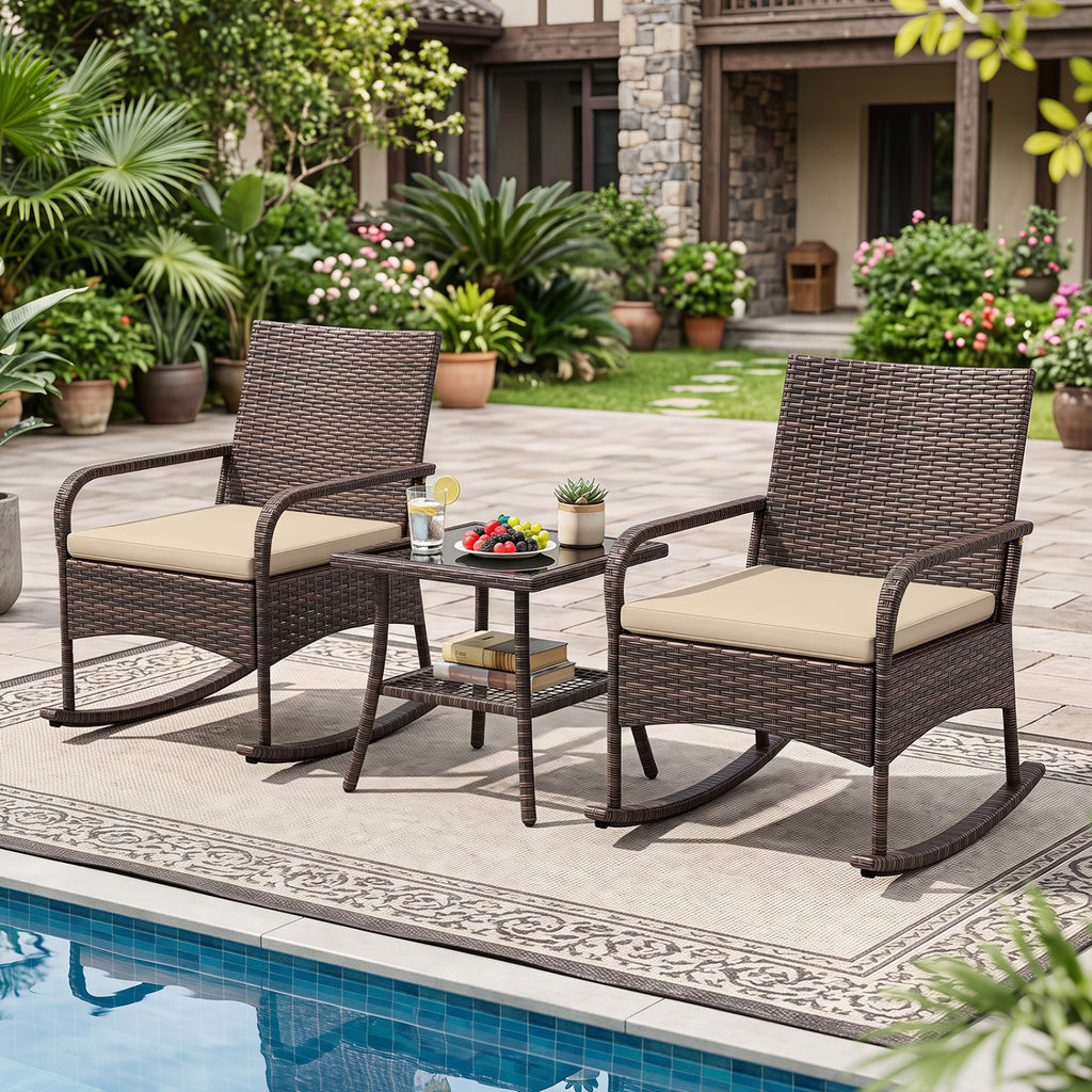 3 Pieces PE Wicker Rocking Bistro Set with 2-Tier Side Table Cushions