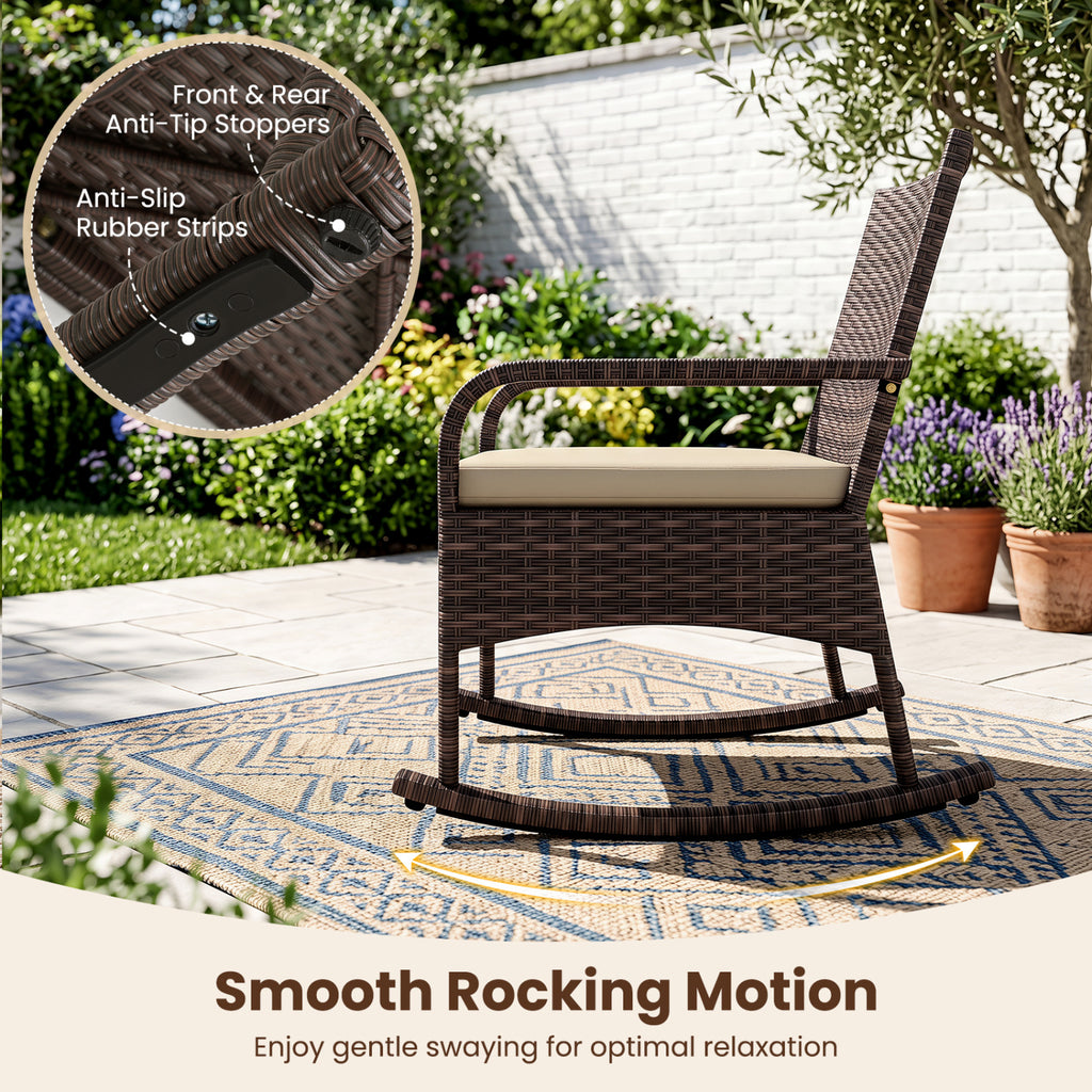 3 Pieces PE Wicker Rocking Bistro Set with 2-Tier Side Table Cushions