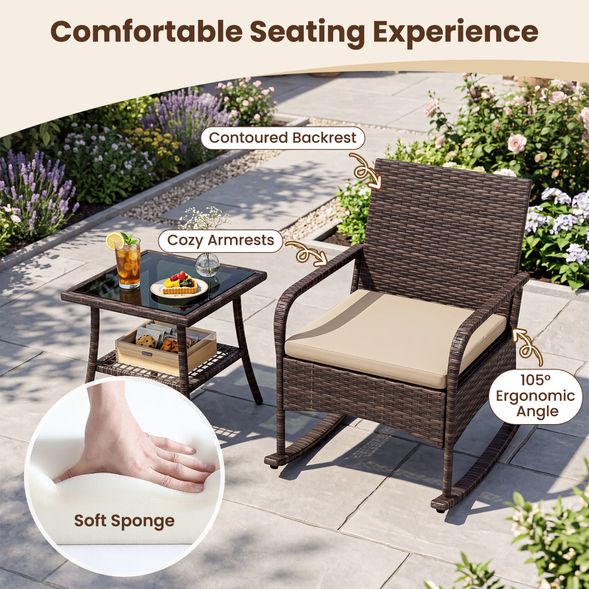 3 Pieces PE Wicker Rocking Bistro Set with 2-Tier Side Table Cushions