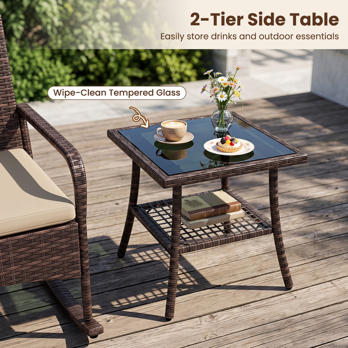 3 Pieces PE Wicker Rocking Bistro Set with 2-Tier Side Table Cushions