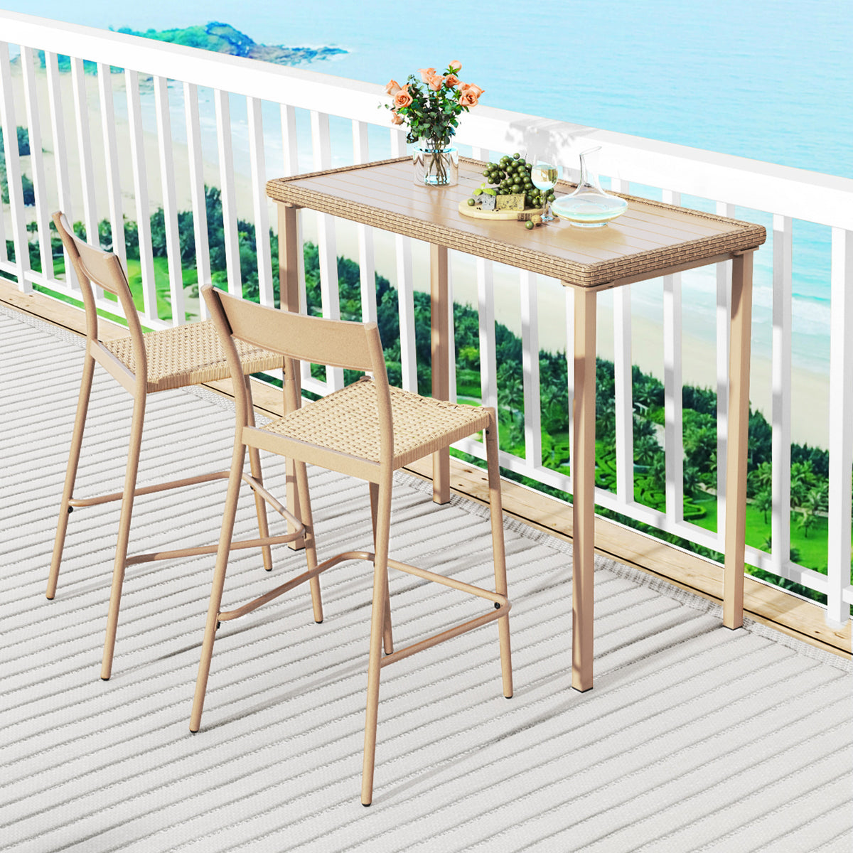 3-Piece Patio Bar Table Set with 2 Armless Chairs