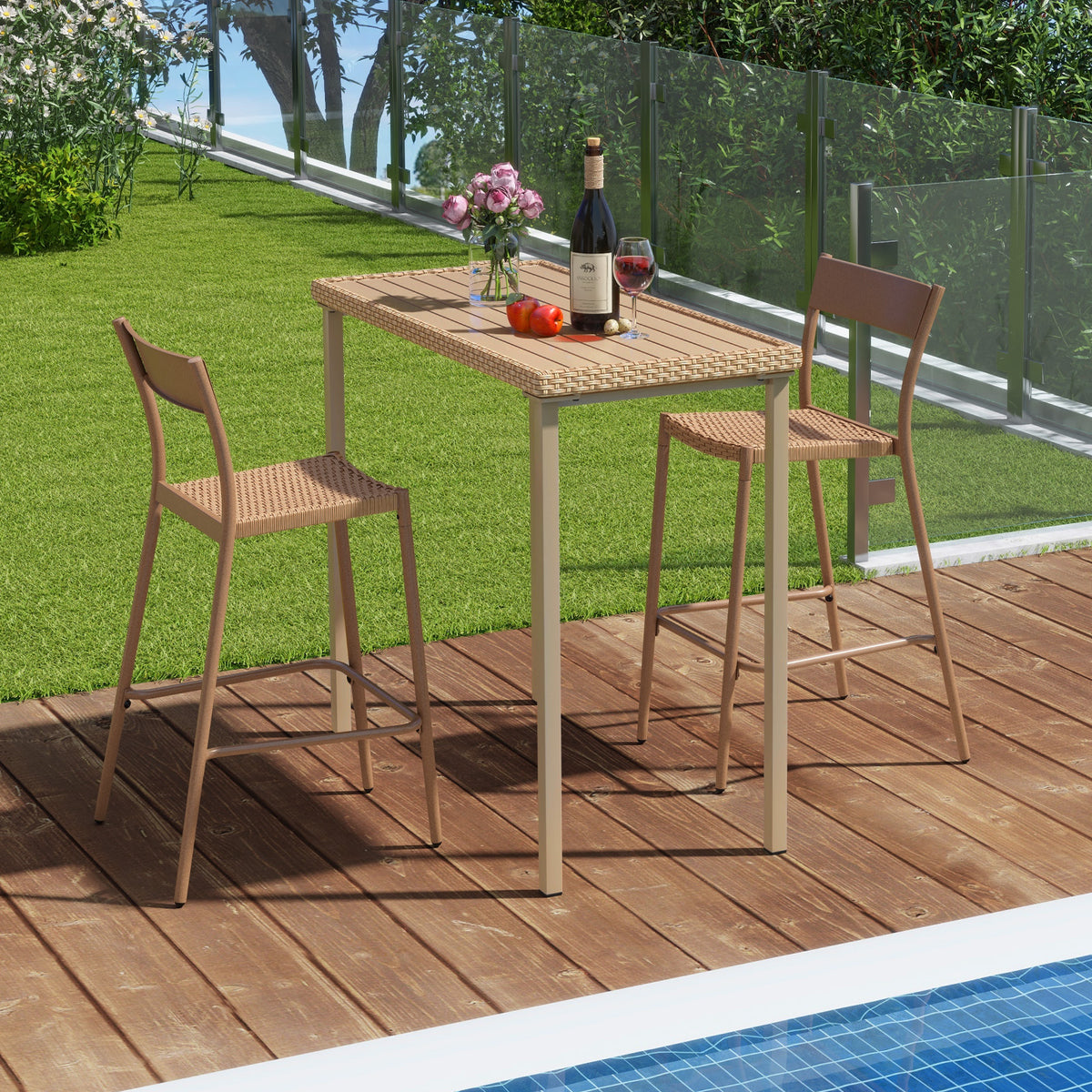3-Piece Patio Bar Table Set with 2 Armless Chairs