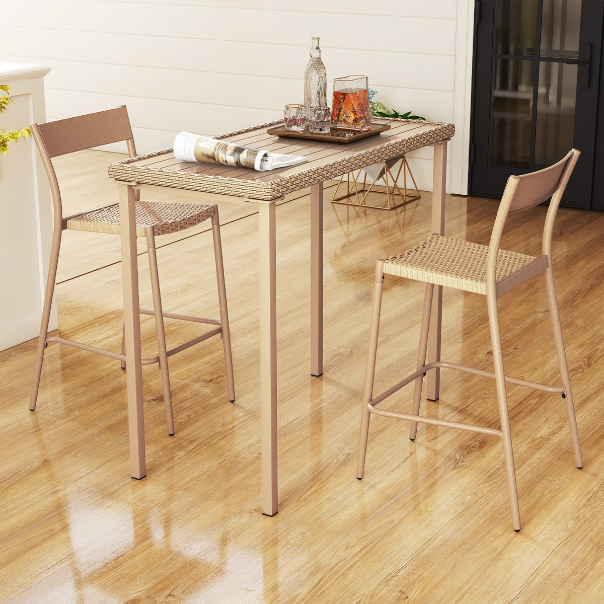 3-Piece Patio Bar Table Set with 2 Armless Chairs