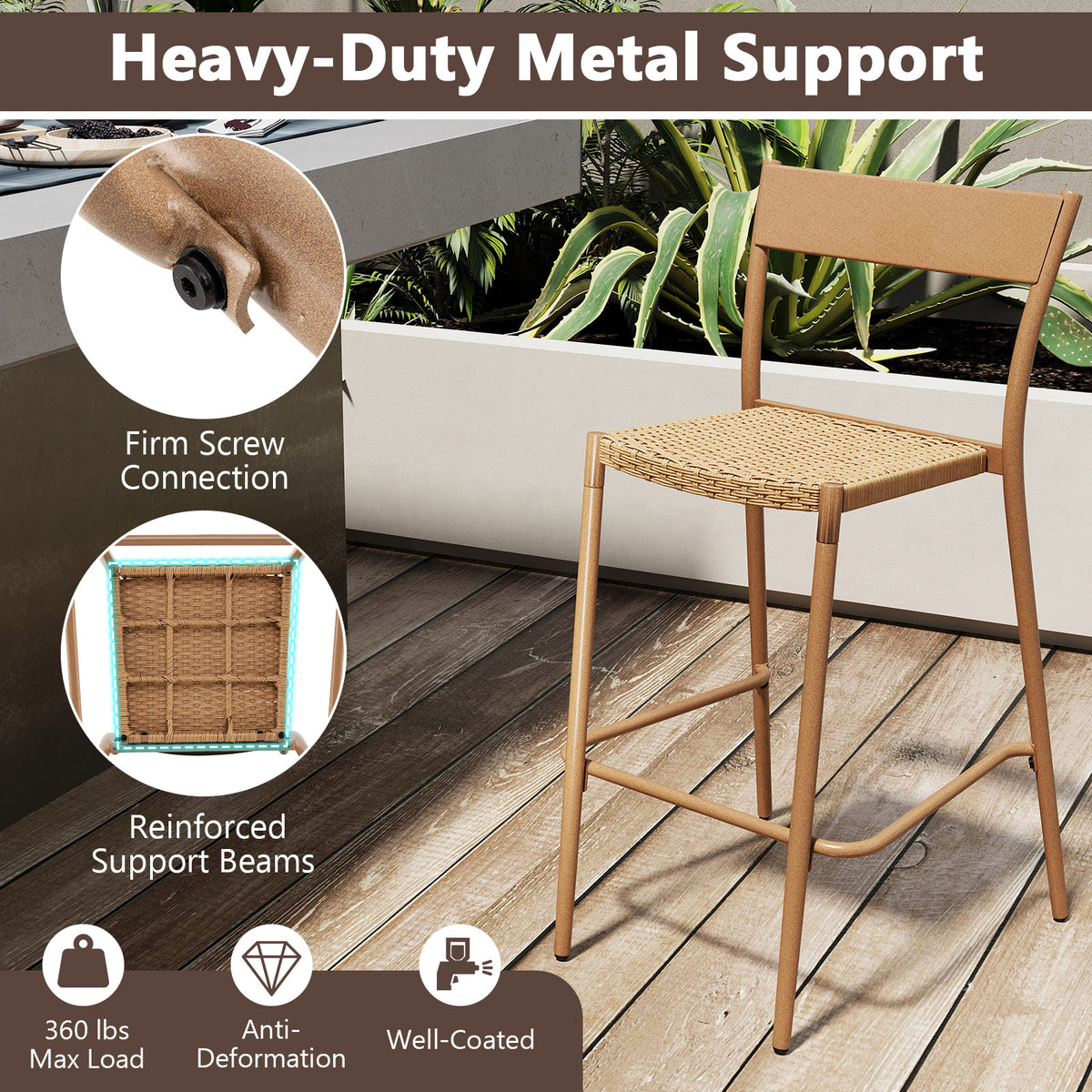 3-Piece Patio Bar Table Set with 2 Armless Chairs