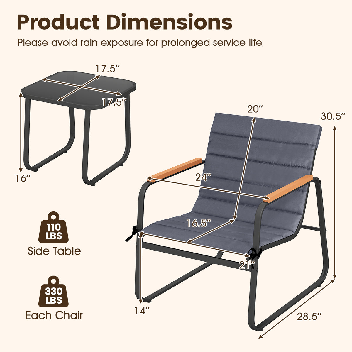 3 Pieces Patio Bistro Set Outdoor Fabric Conversation