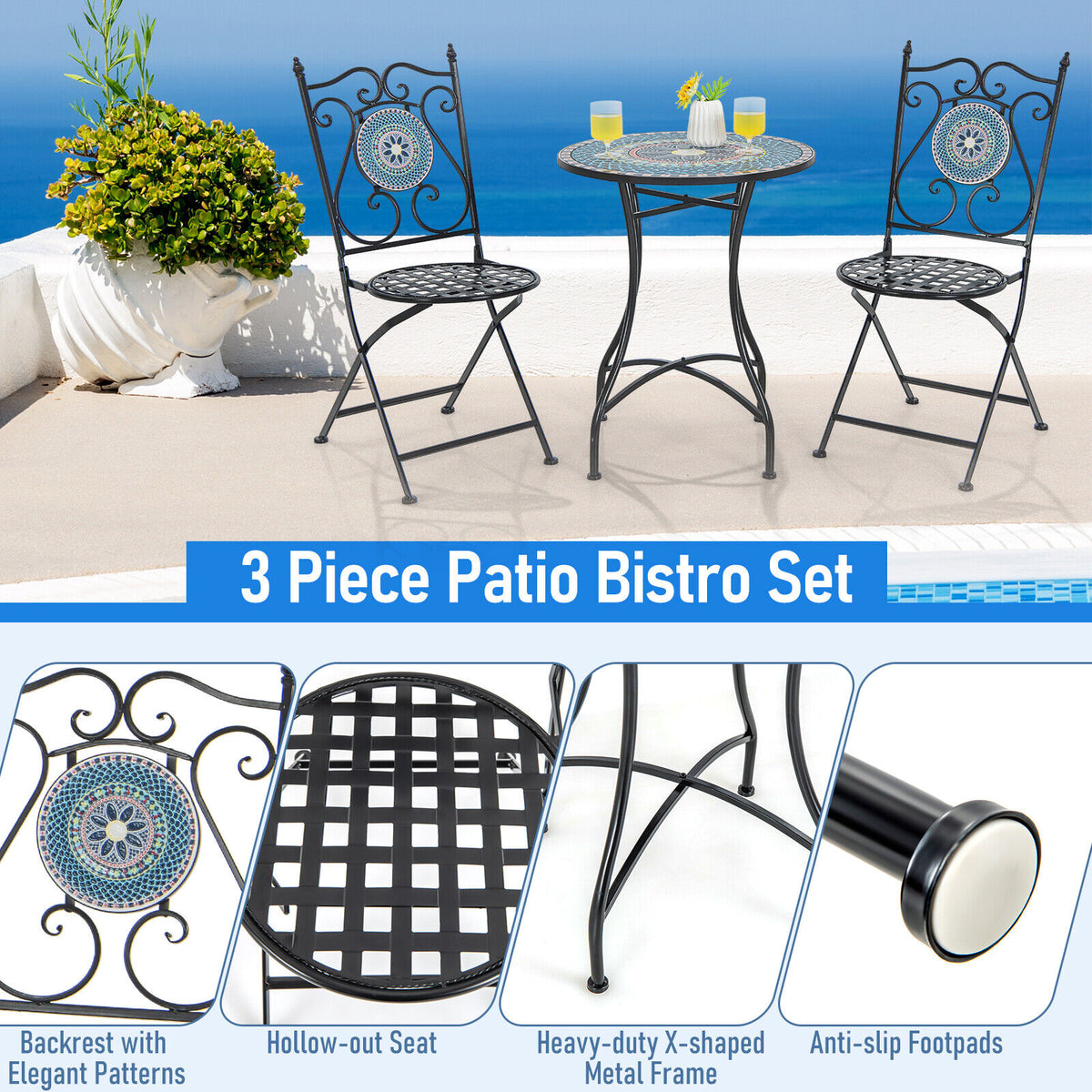 3 Piece Patio Bistro Set with Mosaic Pattern