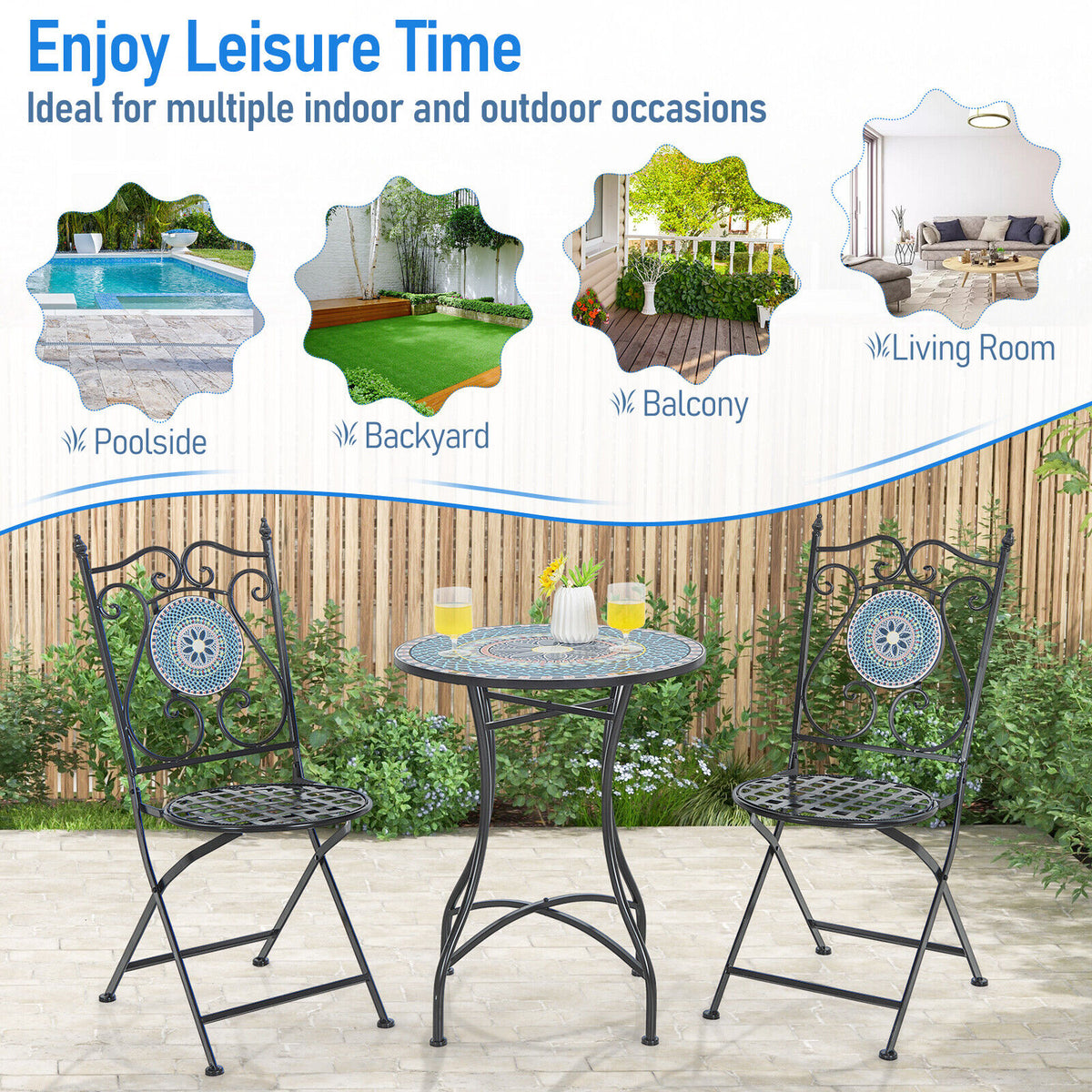 3 Piece Patio Bistro Set with Mosaic Pattern