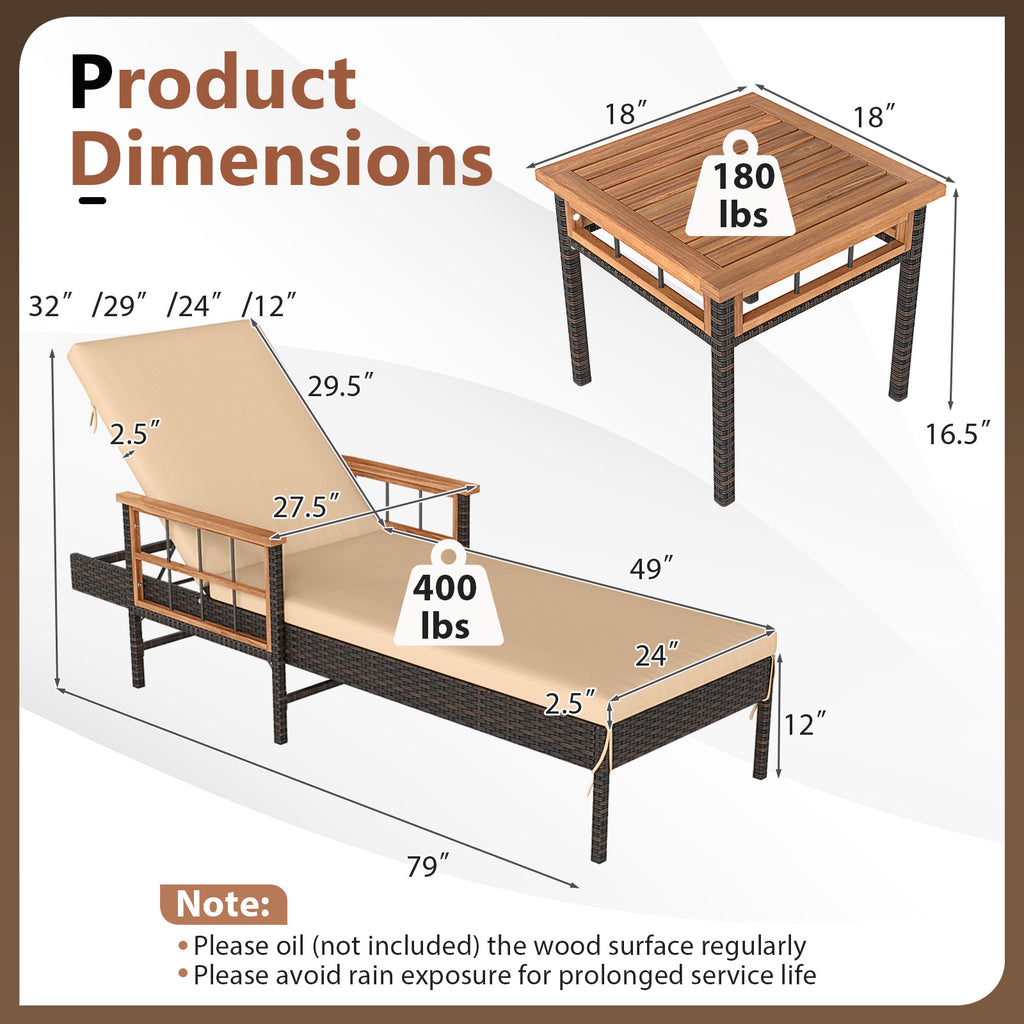3-Piece Patio Chaise Lounge Set with Cushions