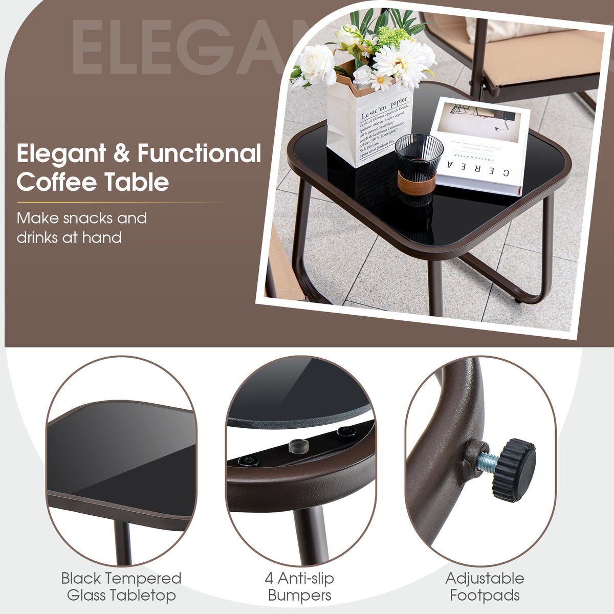 3 Pieces Patio Conversation Set with Breathable Fabric and Tabletop