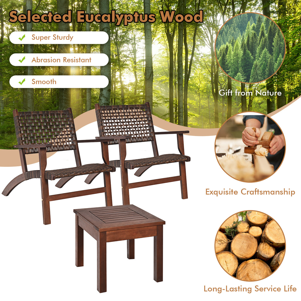 3-Piece Outdoor Patio Bistro Set - Wooden & Rattan