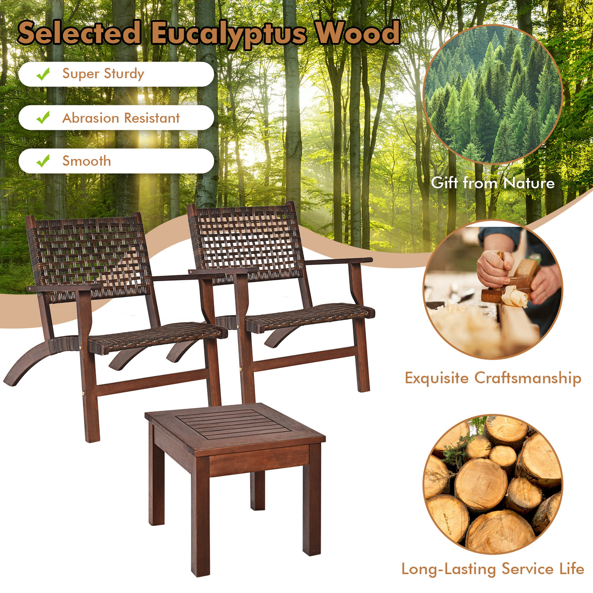 3-Piece Outdoor Patio Bistro Set - Wooden & Rattan