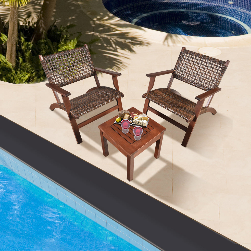 3-Piece Outdoor Patio Bistro Set - Wooden & Rattan