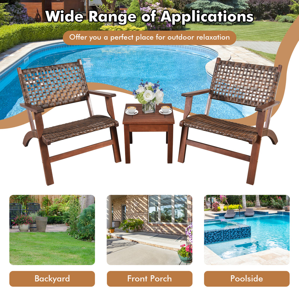 3-Piece Outdoor Patio Bistro Set - Wooden & Rattan