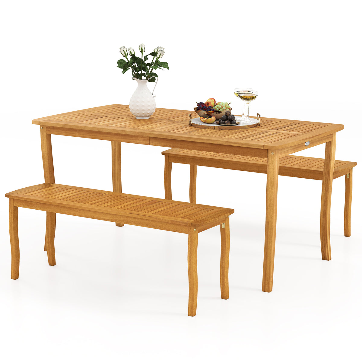 3-Piece Acacia Wood Patio Dining Set with Table & Benches
