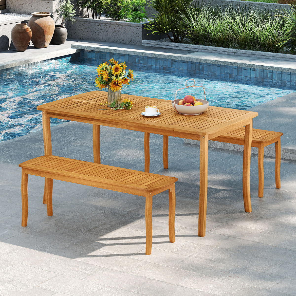 3-Piece Acacia Wood Patio Dining Set with Table & Benches