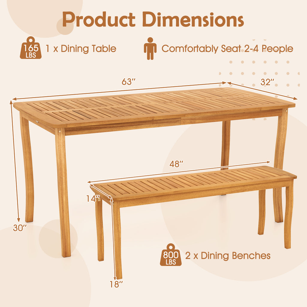 3-Piece Acacia Wood Patio Dining Set with Table & Benches