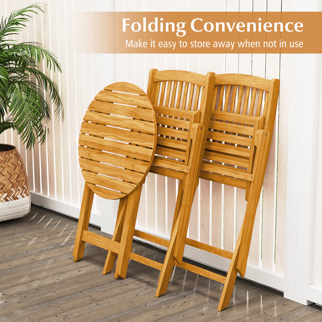 Acacia Wood Patio Folding Bistro Set with Cushions - Beige