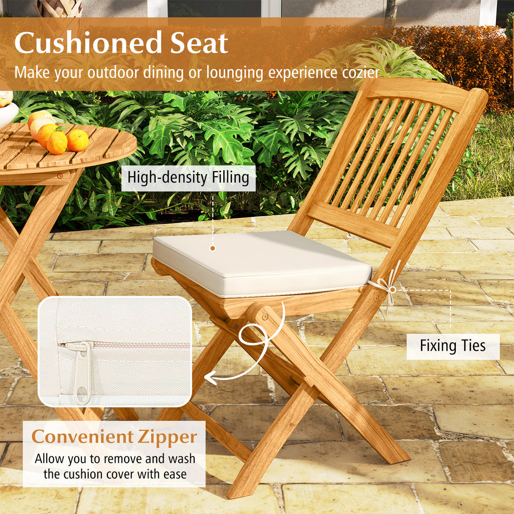 Acacia Wood Patio Folding Bistro Set with Cushions - Beige