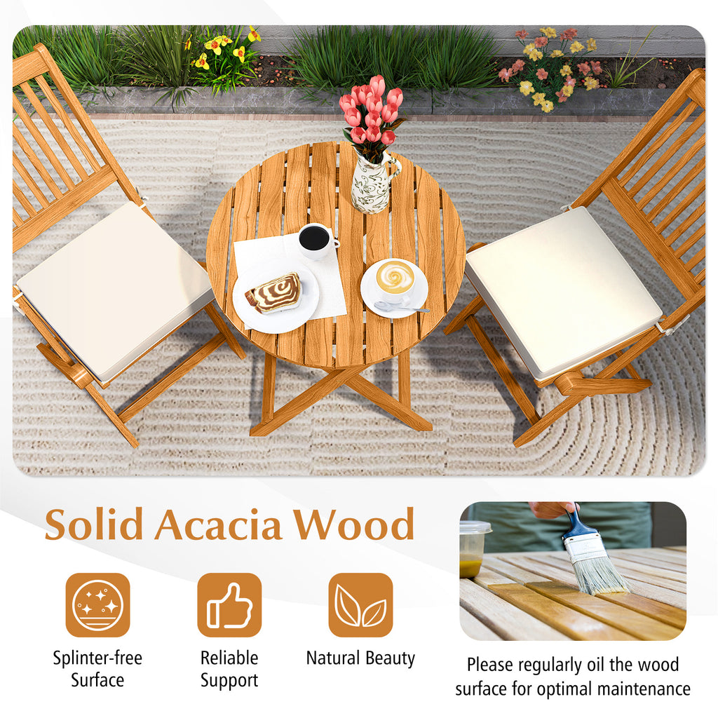 Acacia Wood Patio Folding Bistro Set with Cushions - Beige