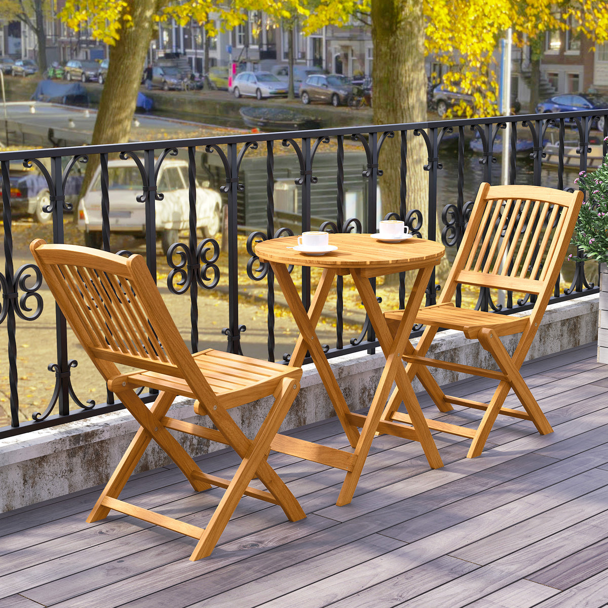 Acacia Wood Patio Folding Bistro Set with Cushions - Beige