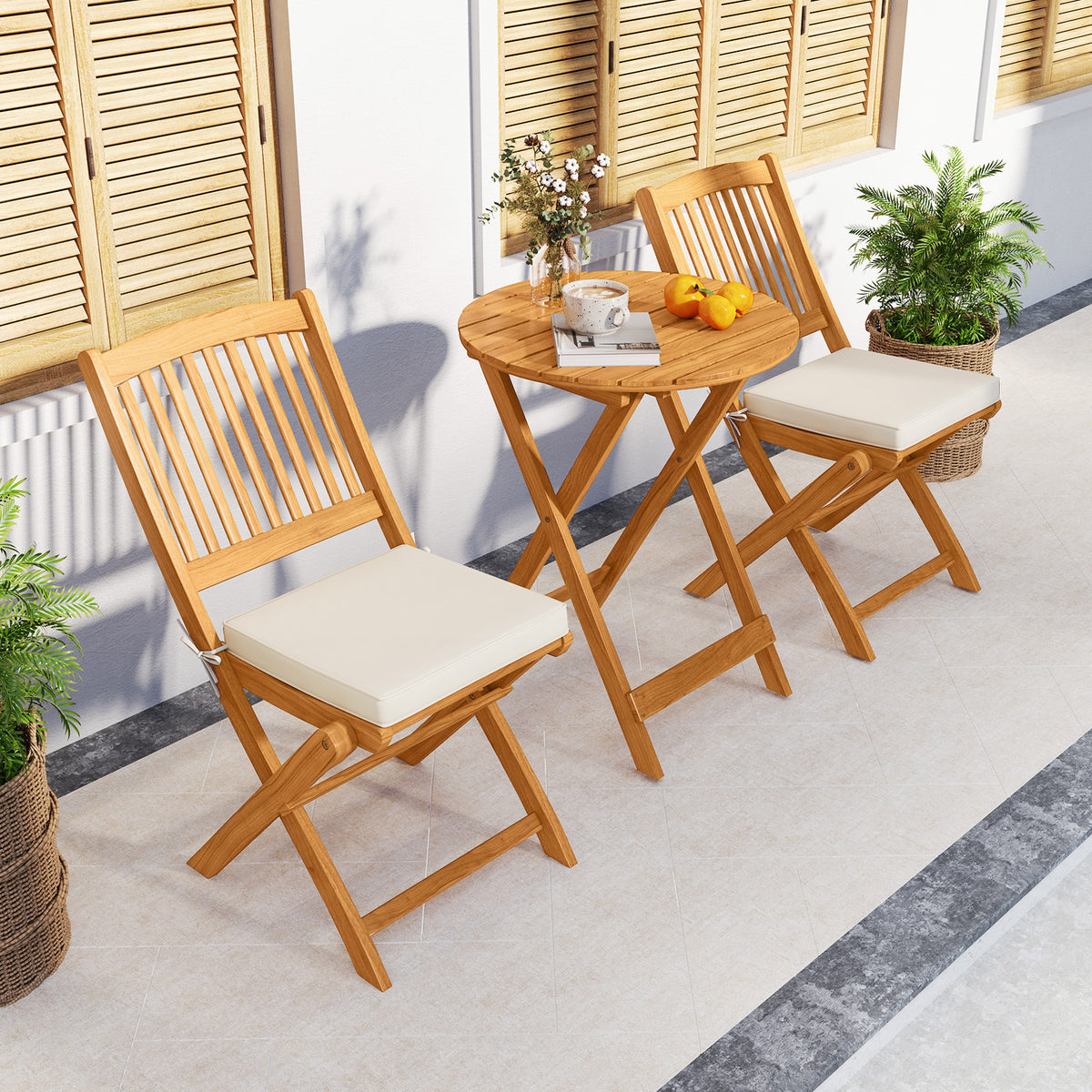 Acacia Wood Patio Folding Bistro Set with Cushions - Beige