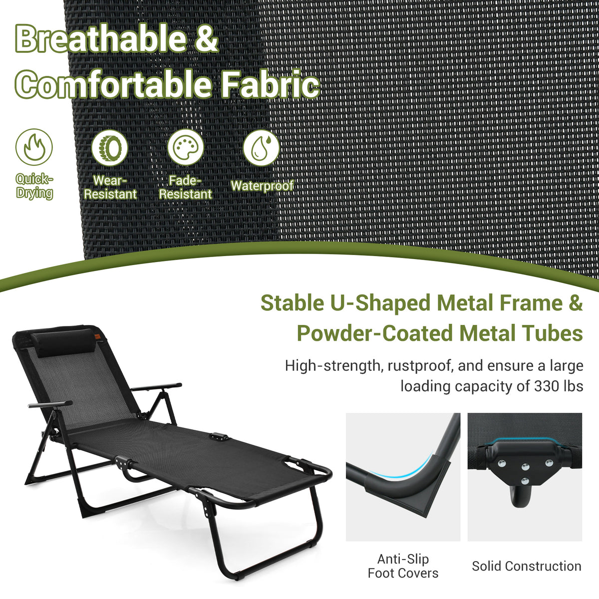 3 Pieces Patio Folding Chaise Lounge Set with PVC Tabletop