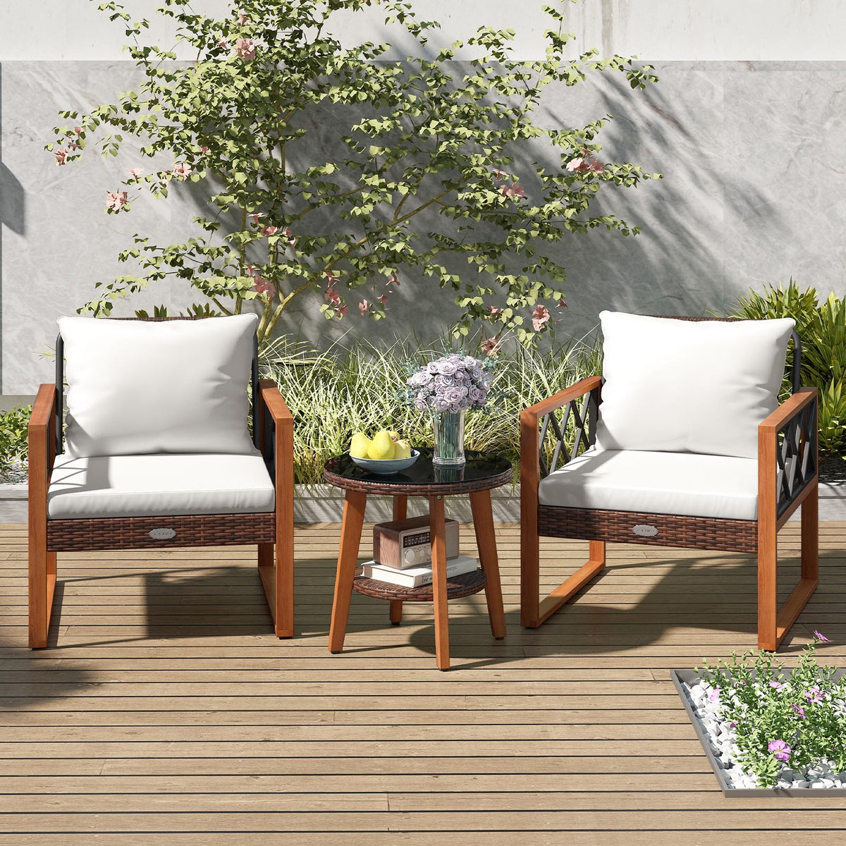 3-Piece Patio Furniture Set with Tempered Glass Table - Off White