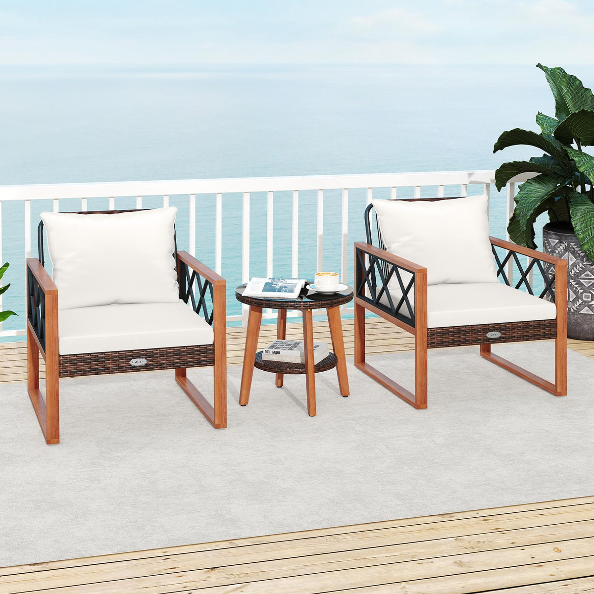 3-Piece Patio Furniture Set with Tempered Glass Table - Off White