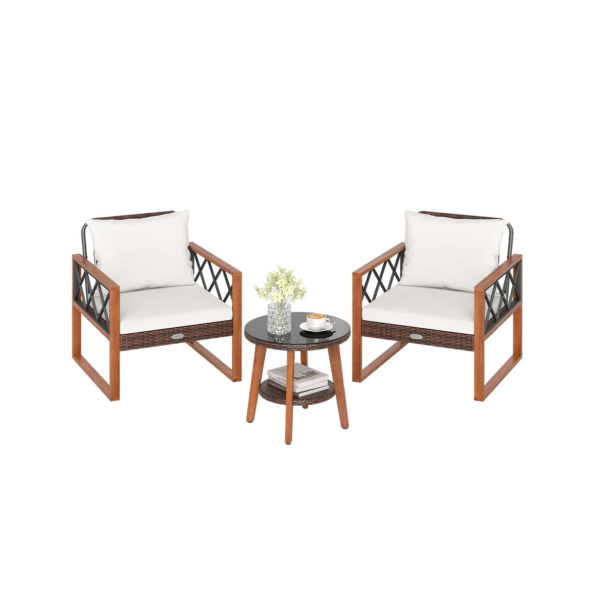 3-Piece Patio Furniture Set with Tempered Glass Table - Off White