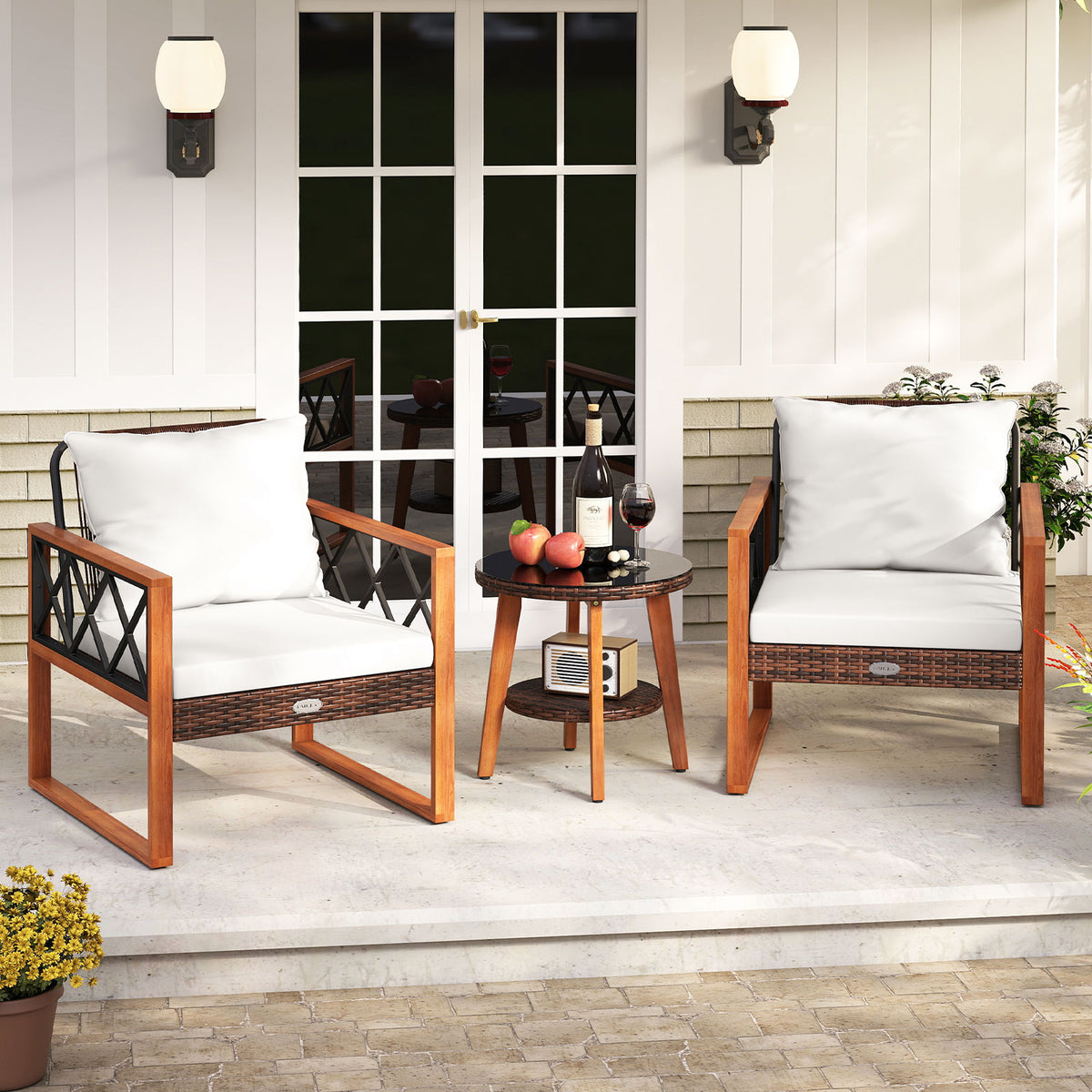 3-Piece Patio Furniture Set with Tempered Glass Table - Off White