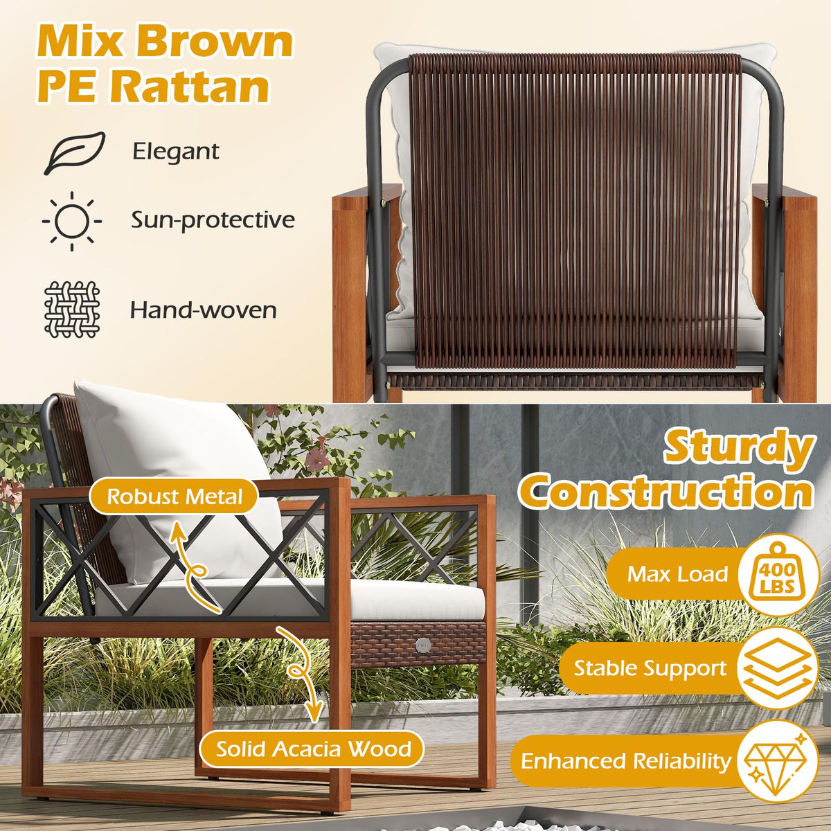 3-Piece Patio Furniture Set with Tempered Glass Table - Off White