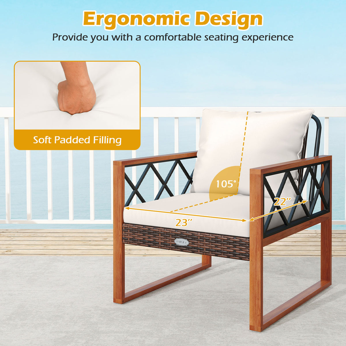 3-Piece Patio Furniture Set with Tempered Glass Table - Off White