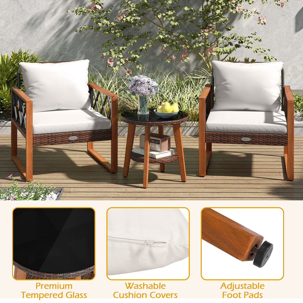 3-Piece Patio Furniture Set with Tempered Glass Table - Off White
