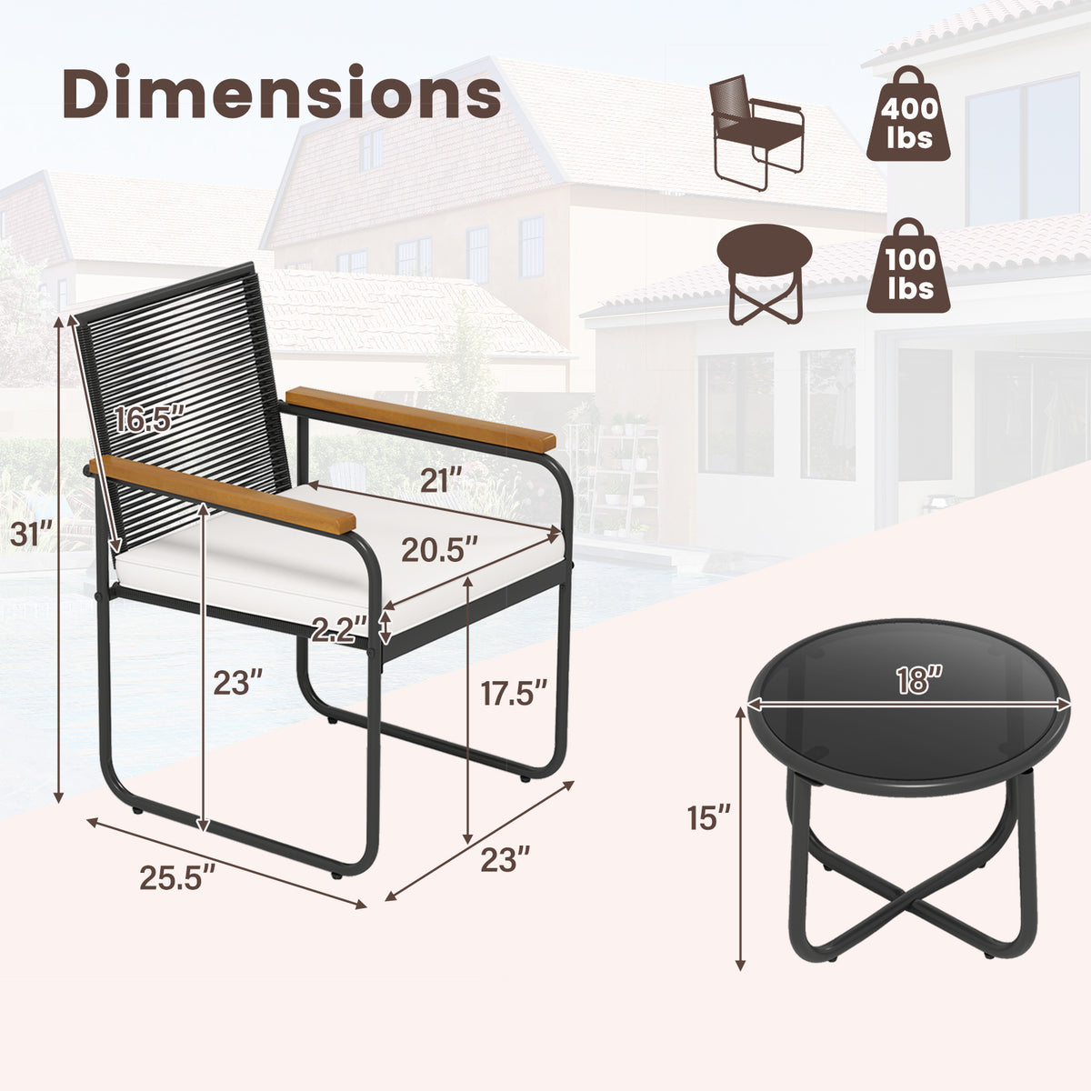 3 Pieces Patio Furniture Set PE Rattan Porch Chairs with Round