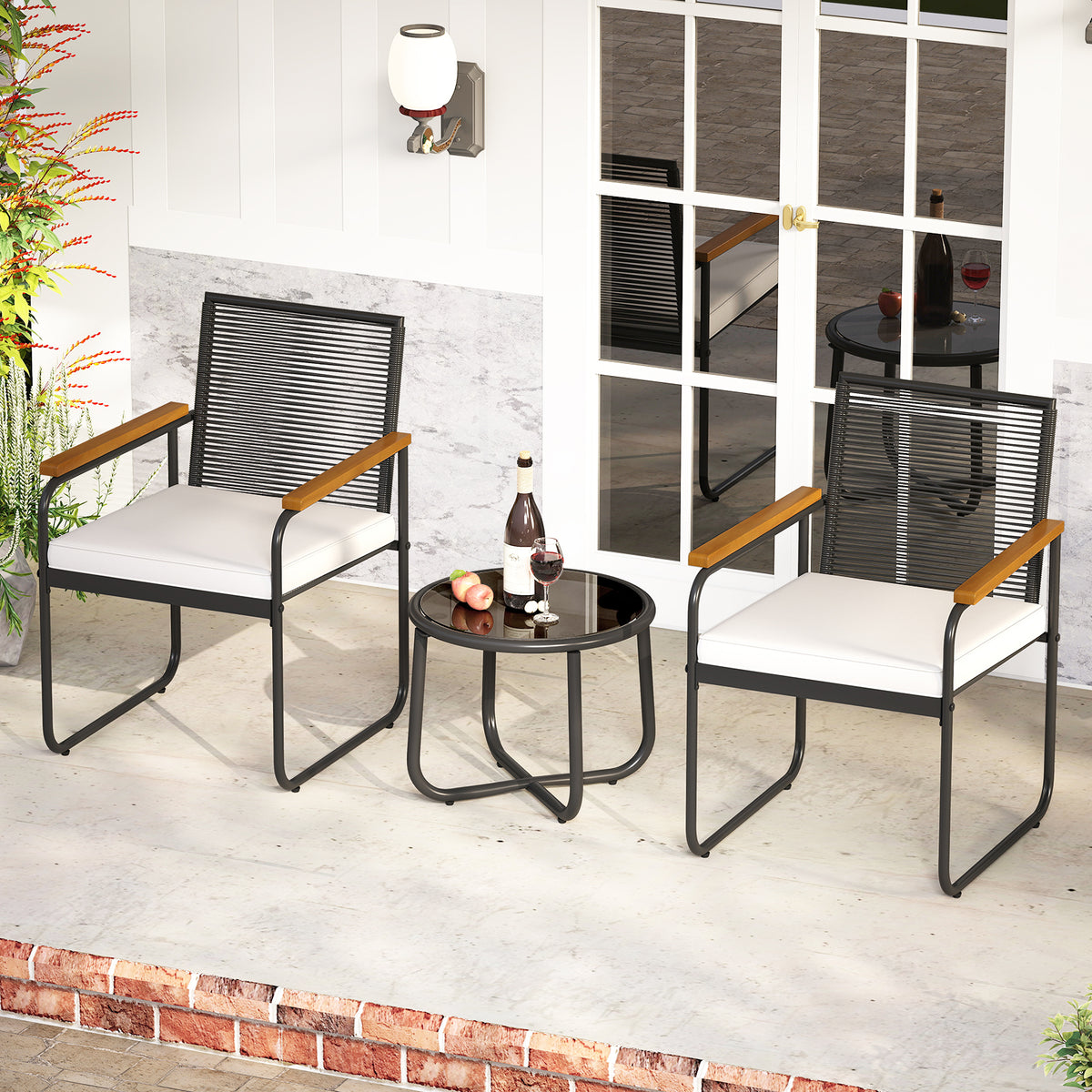 3 Pieces Patio Furniture Set PE Rattan Porch Chairs with Round