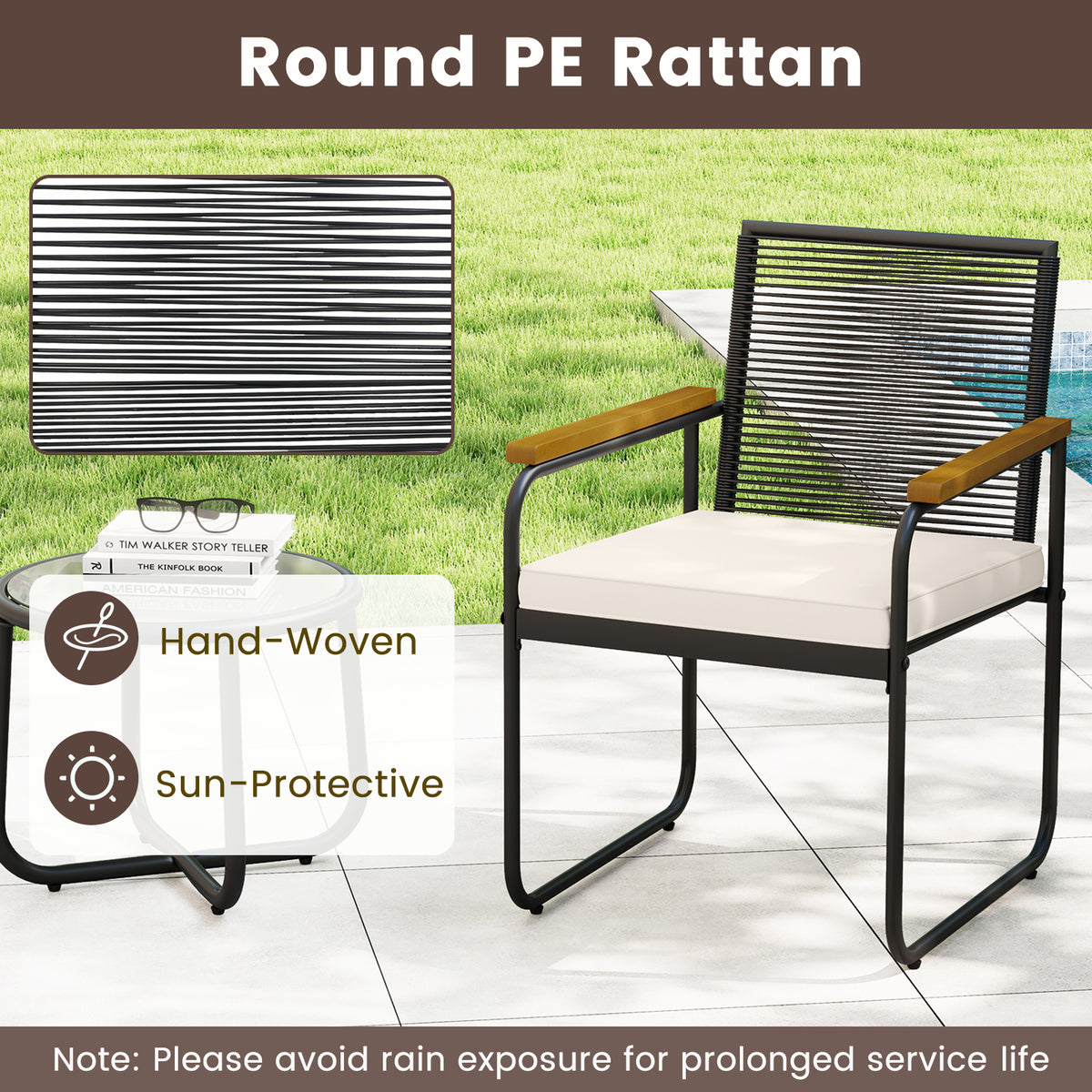 3 Pieces Patio Furniture Set PE Rattan Porch Chairs with Round