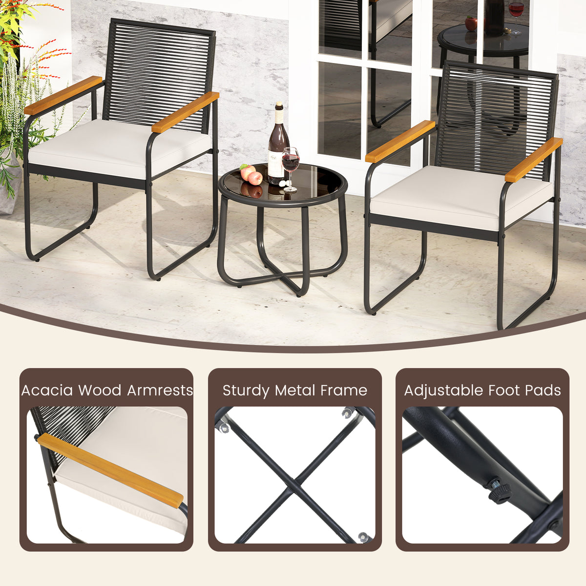 3 Pieces Patio Furniture Set PE Rattan Porch Chairs with Round