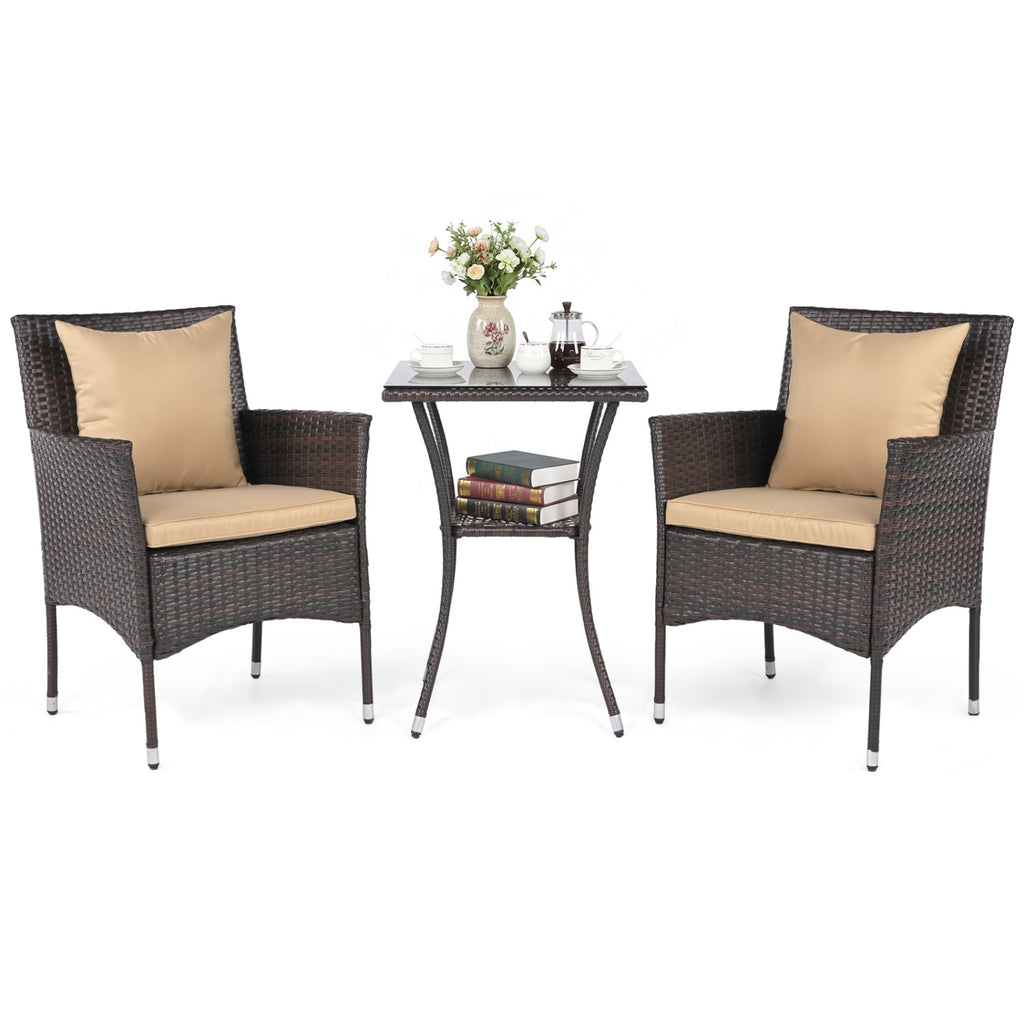 3-Piece Patio Furniture Set Rattan Bistro Chairs with 2-Tier Tempered