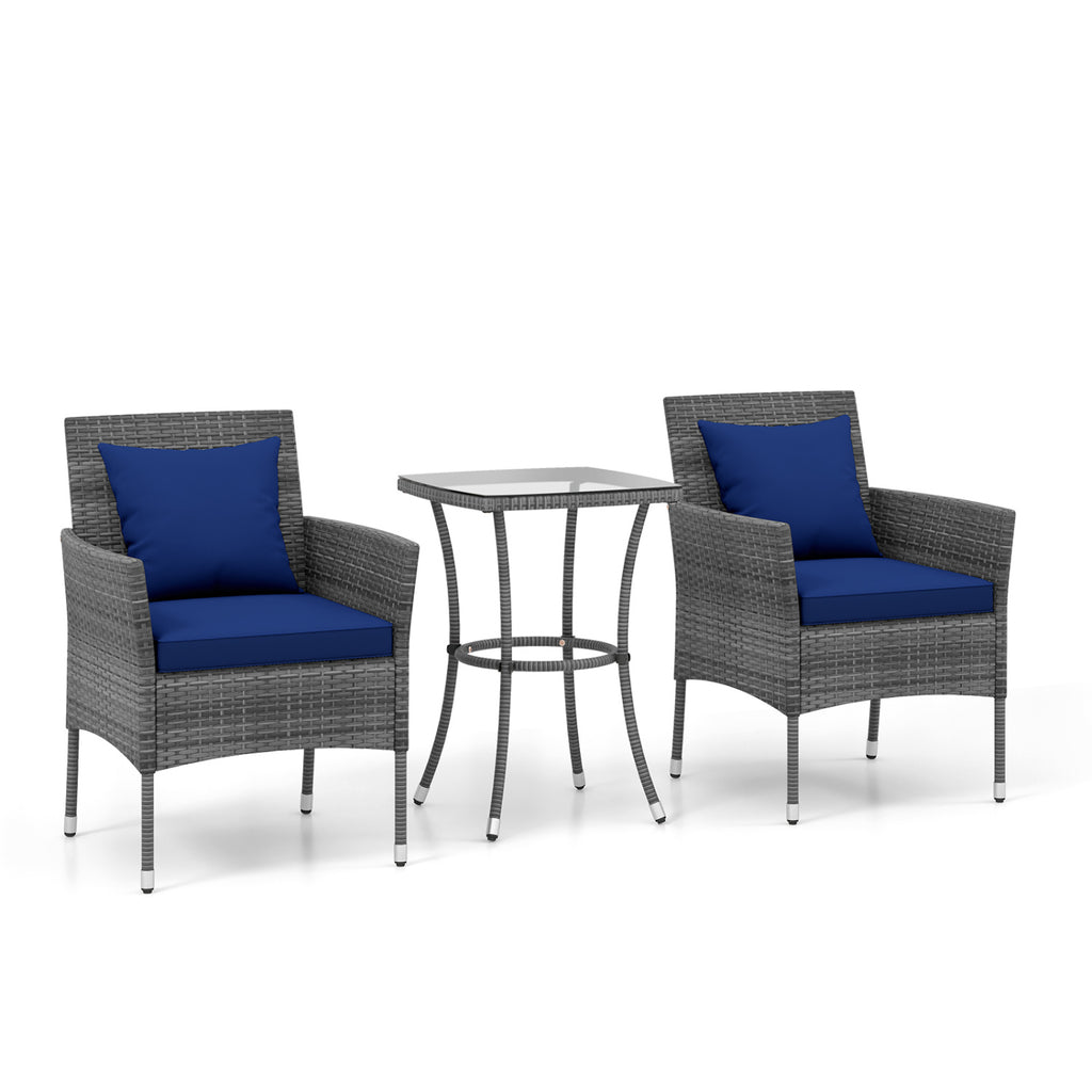 3 Pieces Patio Furniture Set with Cushioned Chairs and Tempered Glass