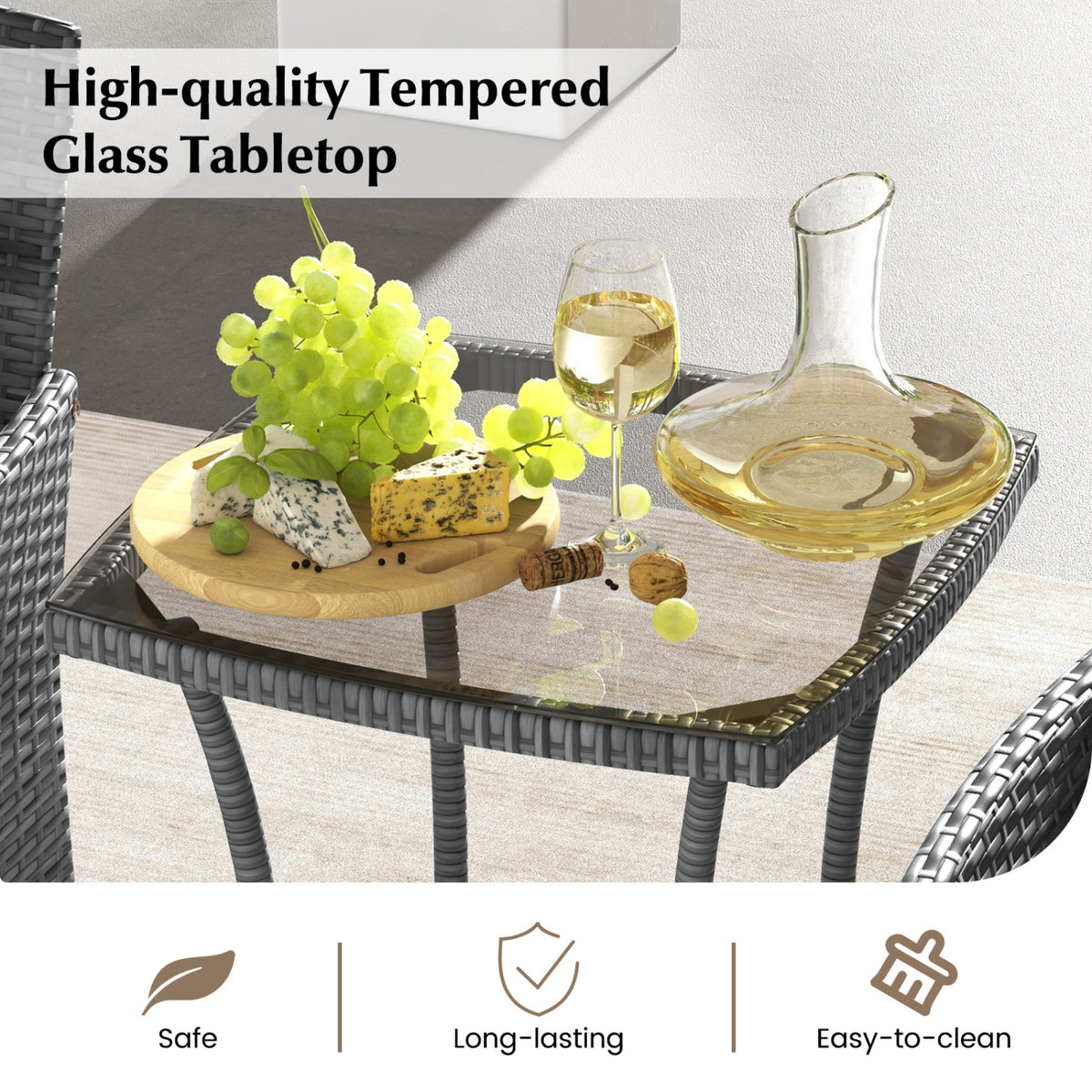 3 Pieces Patio Furniture Set with Cushioned Chairs and Tempered Glass