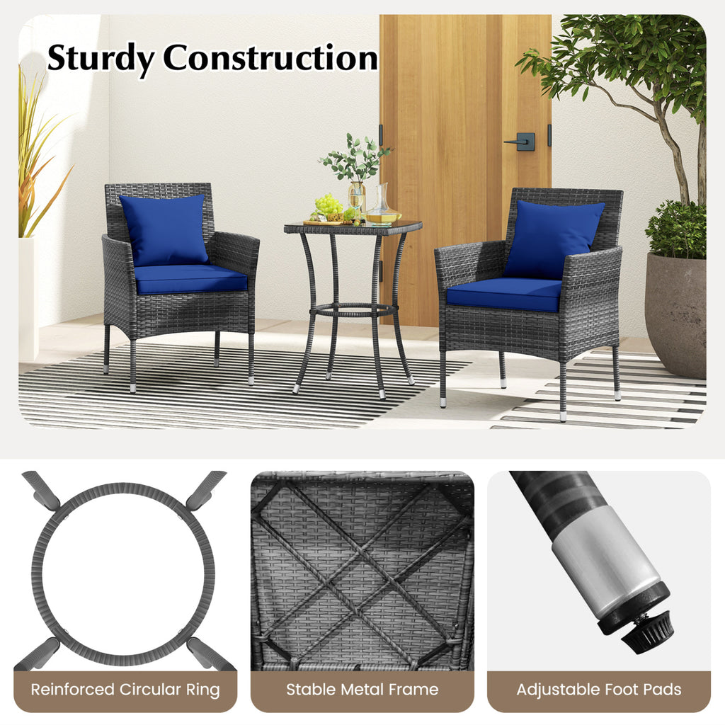 3 Pieces Patio Furniture Set with Cushioned Chairs and Tempered Glass