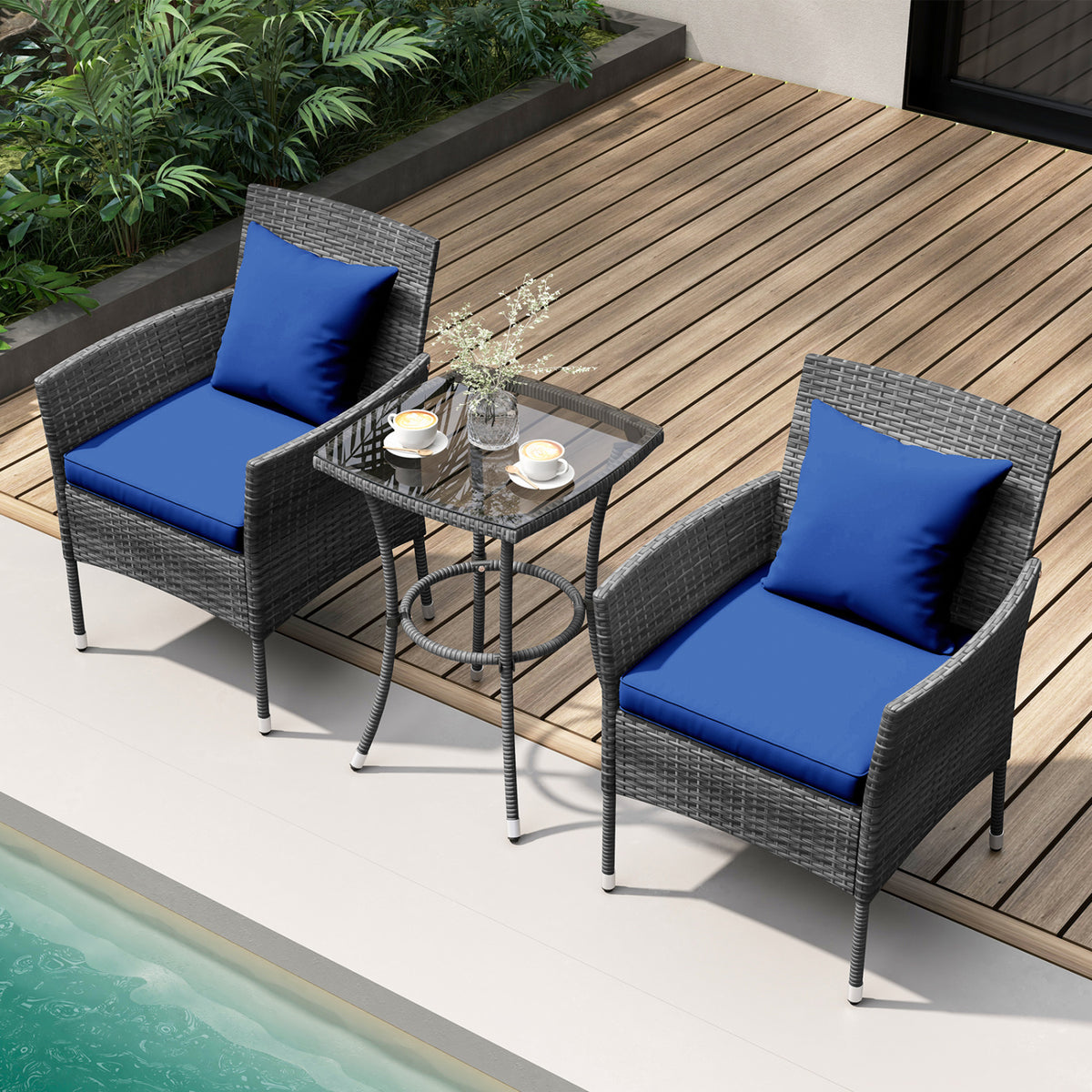 3 Pieces Patio Furniture Set with Cushioned Chairs and Tempered Glass