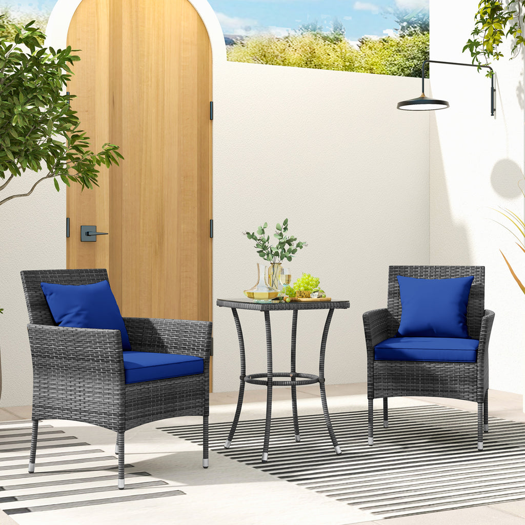 3 Pieces Patio Furniture Set with Cushioned Chairs and Tempered Glass
