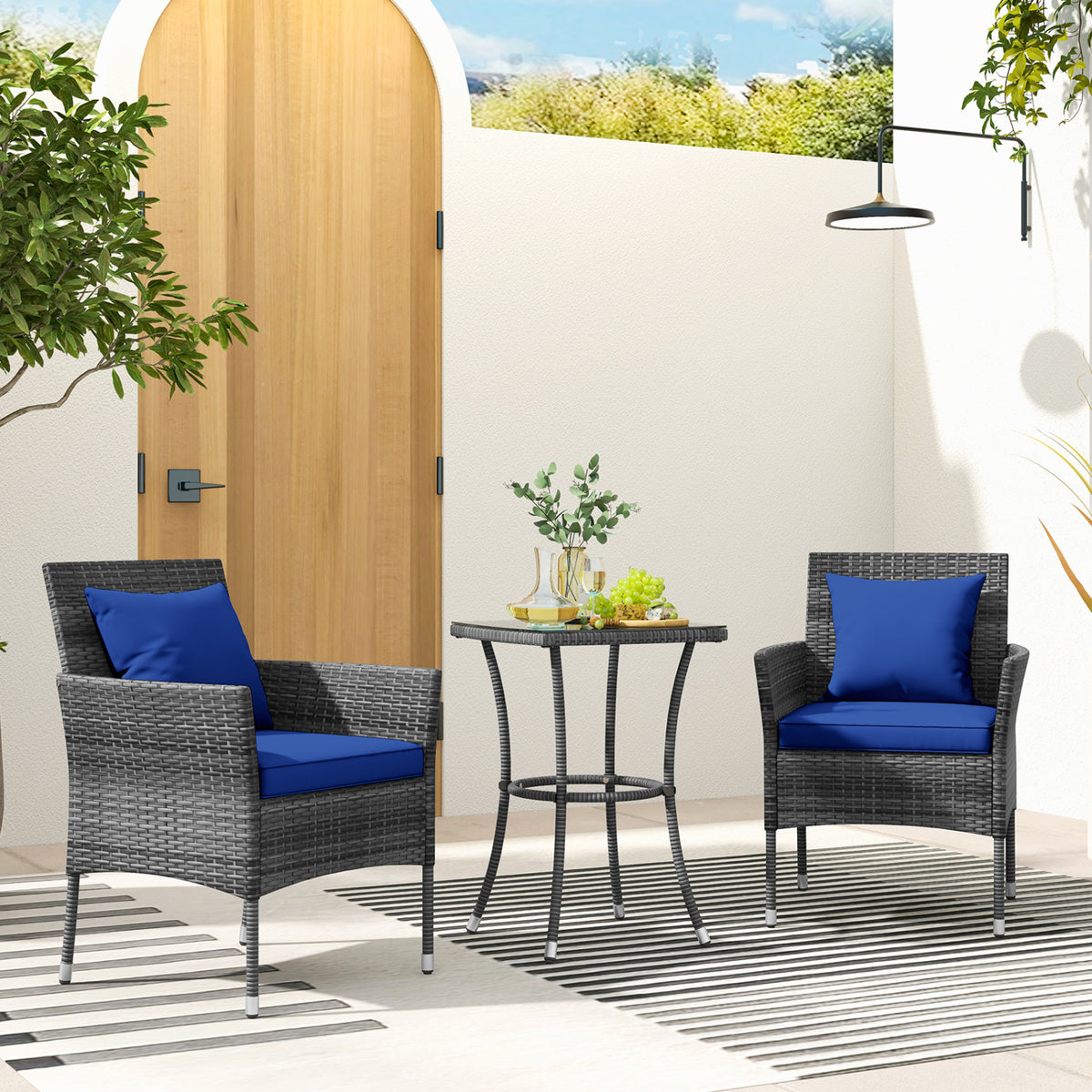 3 Pieces Patio Furniture Set with Cushioned Chairs and Tempered Glass