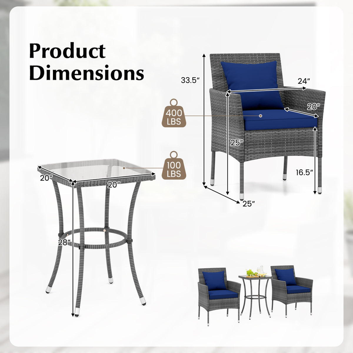 3 Pieces Patio Furniture Set with Cushioned Chairs and Tempered Glass